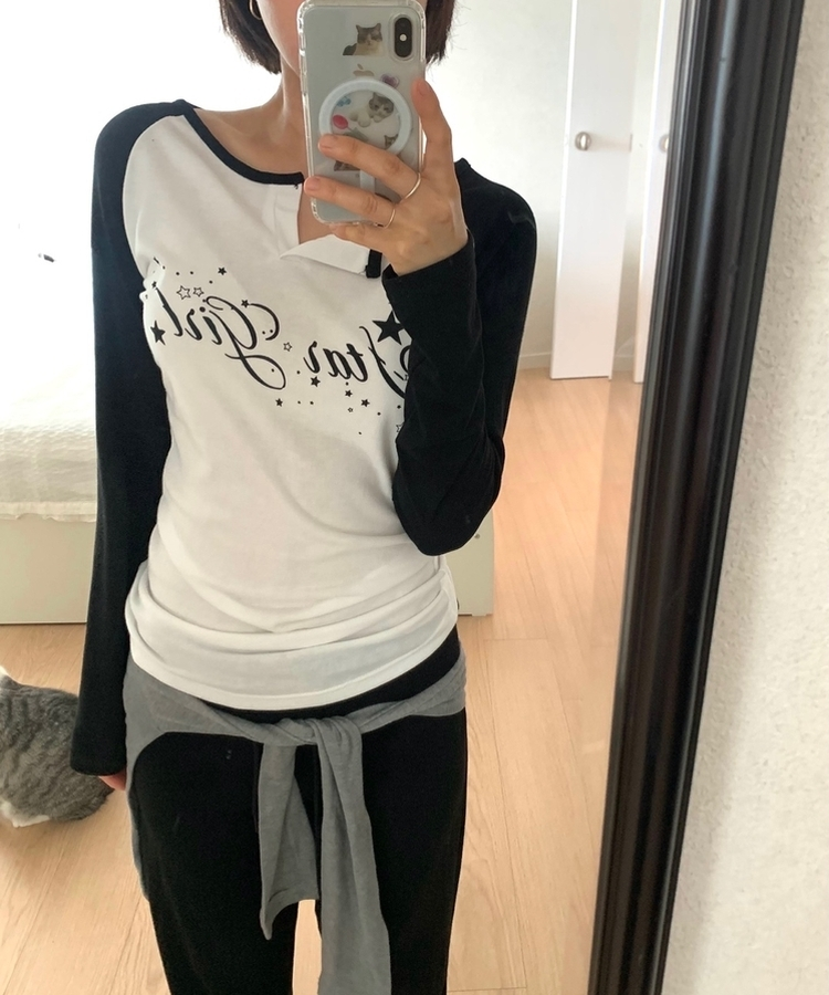 ラグランスリットネック長袖Tシャツ IVORY