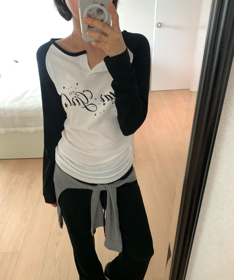 ラグランスリットネック長袖Tシャツ IVORY