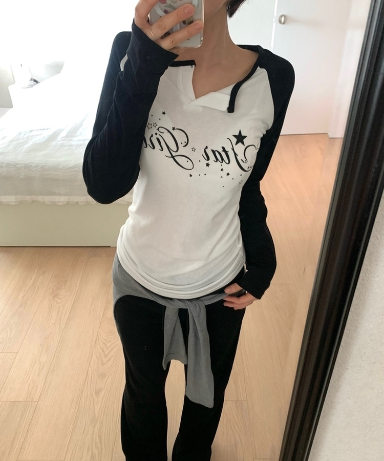 ラグランスリットネック長袖Tシャツ IVORY