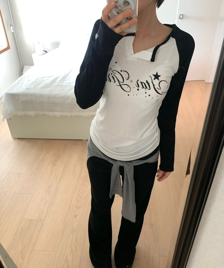 ラグランスリットネック長袖Tシャツ IVORY