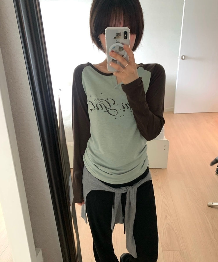 ラグランスリットネック長袖Tシャツ OLIVE