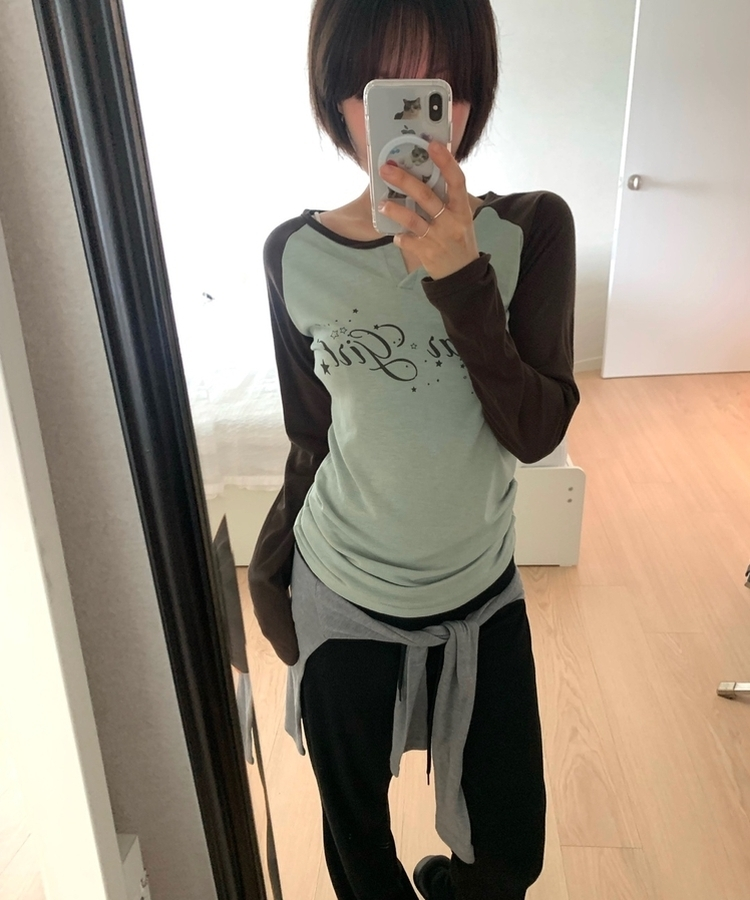 ラグランスリットネック長袖Tシャツ OLIVE
