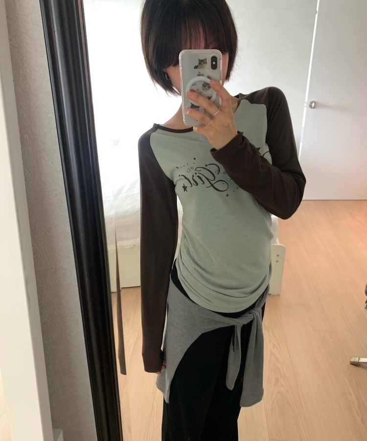 ラグランスリットネック長袖Tシャツ OLIVE