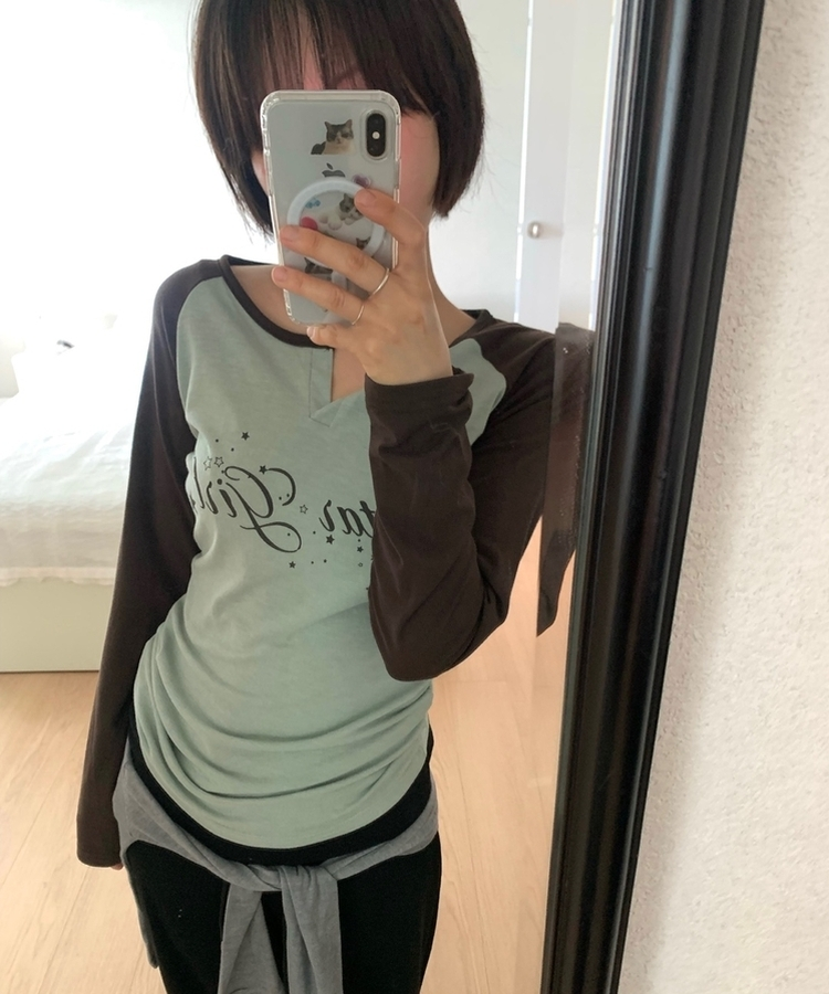 ラグランスリットネック長袖Tシャツ OLIVE