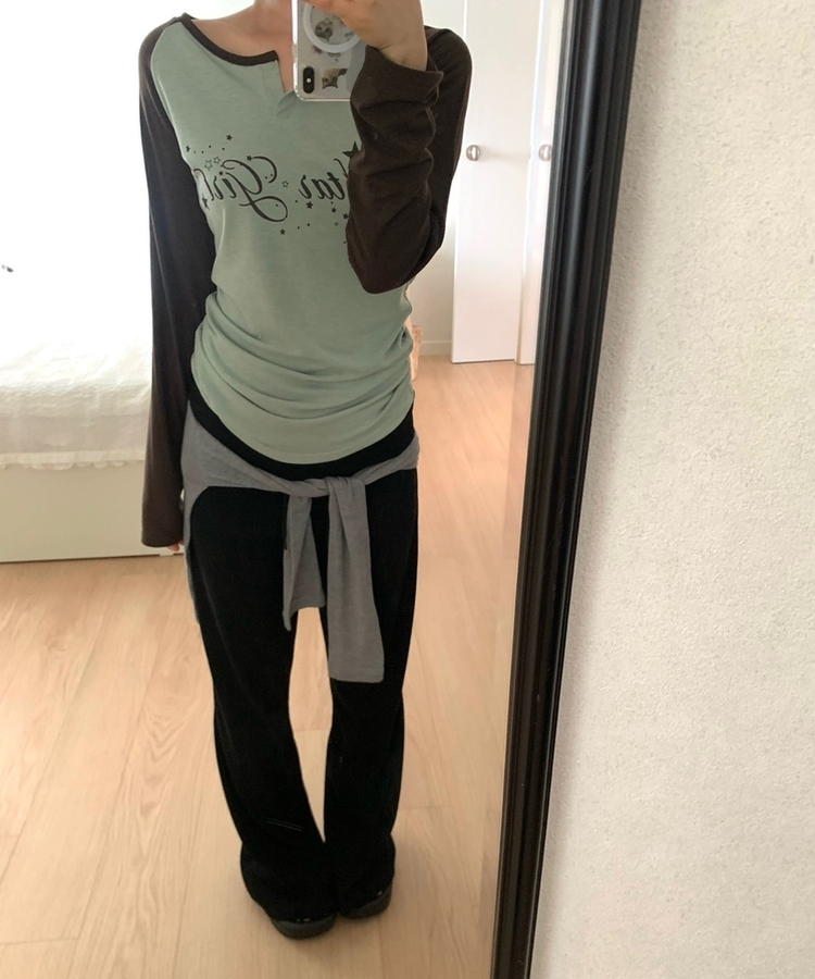 ラグランスリットネック長袖Tシャツ OLIVE