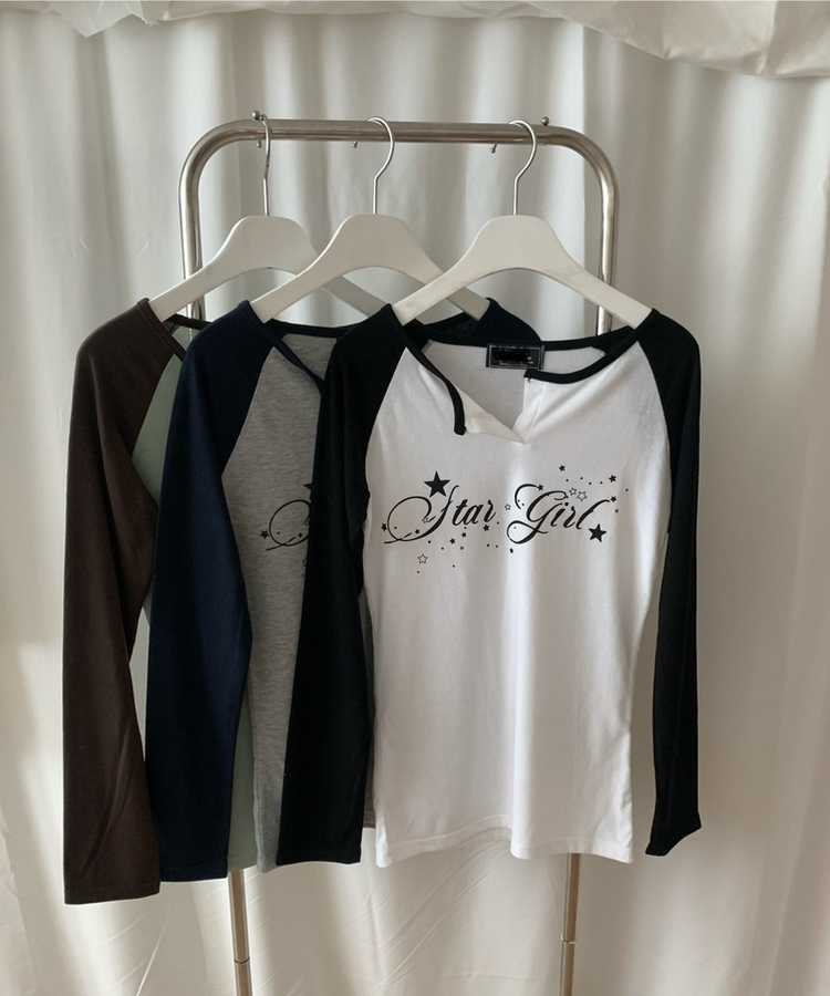 ラグランスリットネック長袖Tシャツ