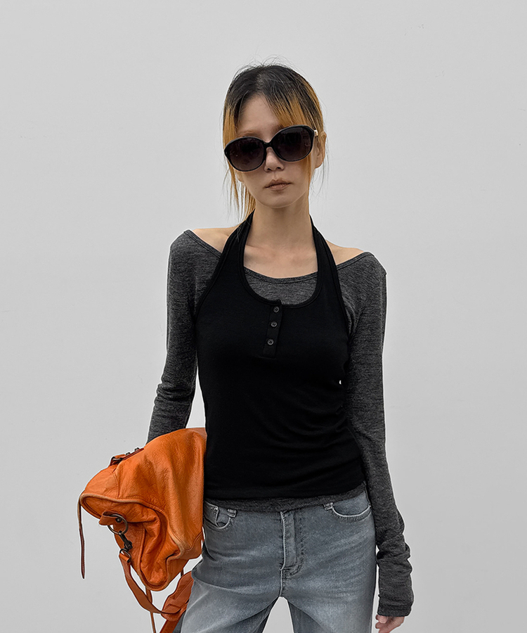 【SET】レイヤードホルター長袖Tシャツ CHARCOAL