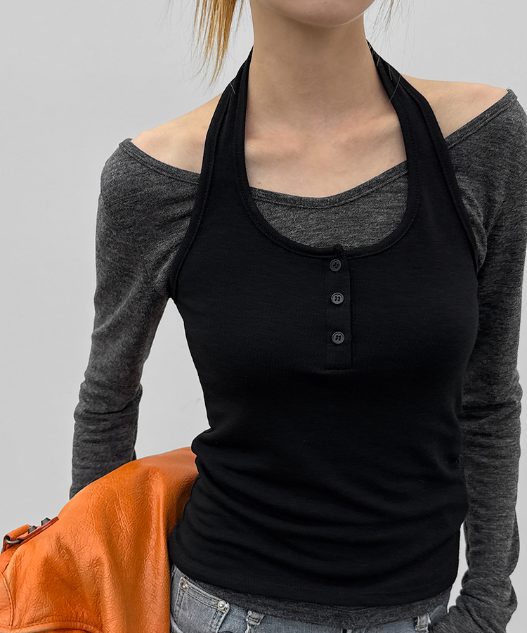 【SET】レイヤードホルター長袖Tシャツ CHARCOAL