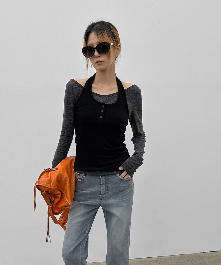 【SET】レイヤードホルター長袖Tシャツ CHARCOAL