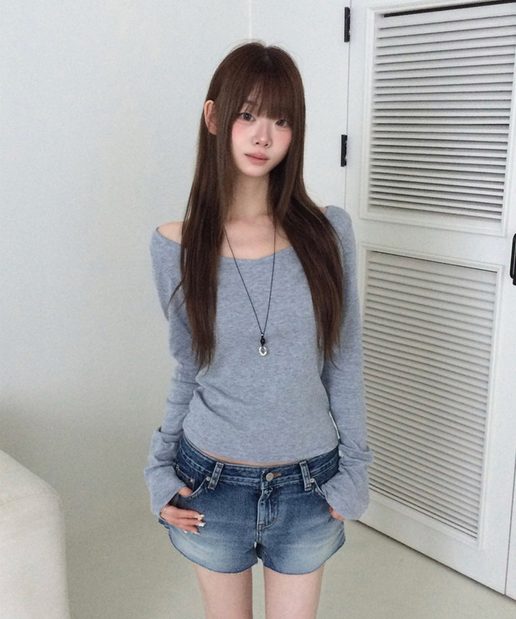 オフショルダーレイヤード長袖Tシャツ(12color) GREY