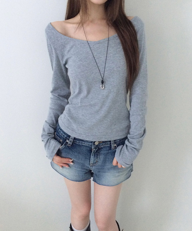 オフショルダーレイヤード長袖Tシャツ(12color) GREY