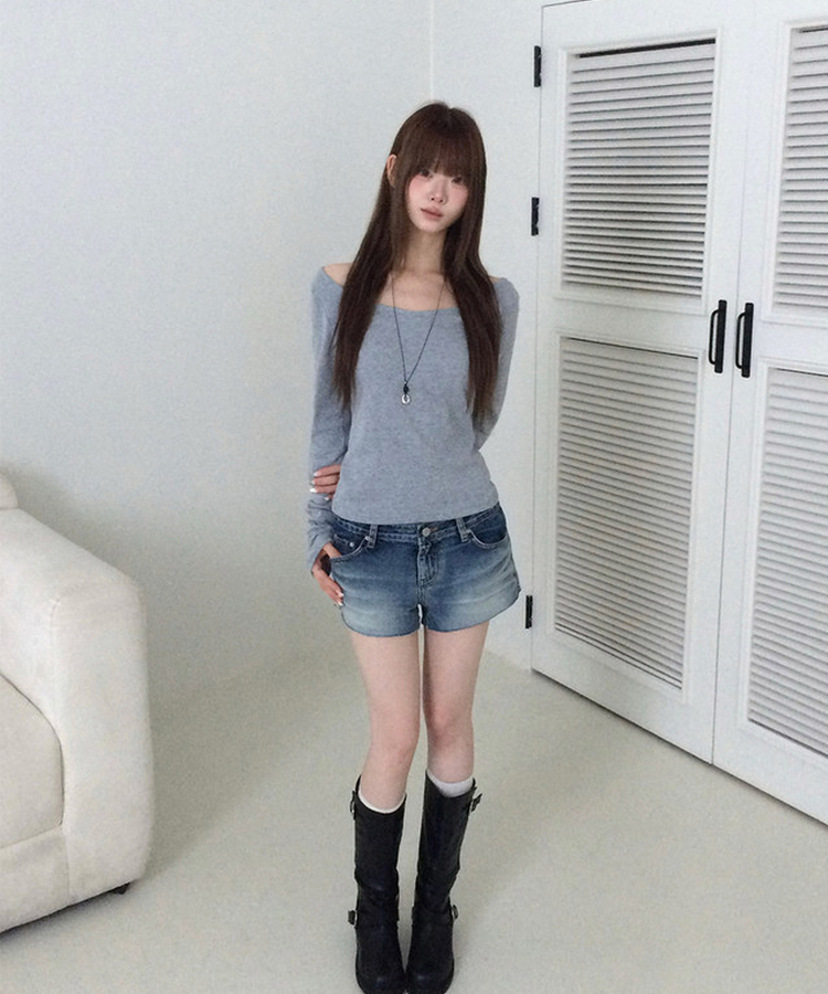 オフショルダーレイヤード長袖Tシャツ(12color) GREY