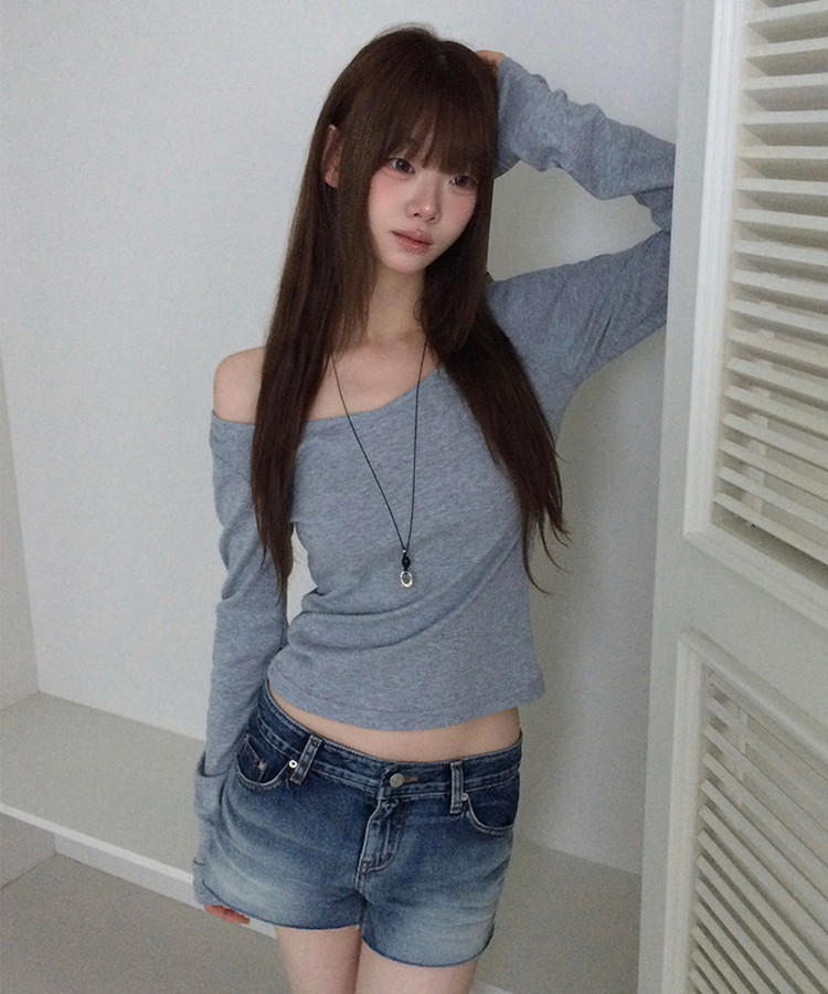 オフショルダーレイヤード長袖Tシャツ(12color) GREY