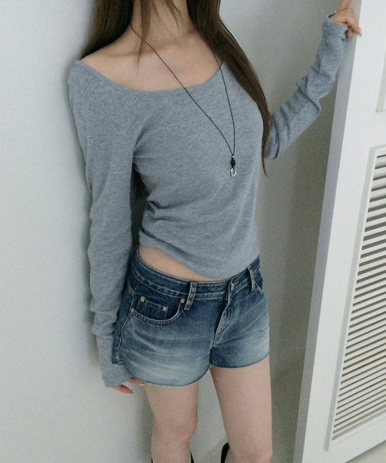 オフショルダーレイヤード長袖Tシャツ(12color) GREY