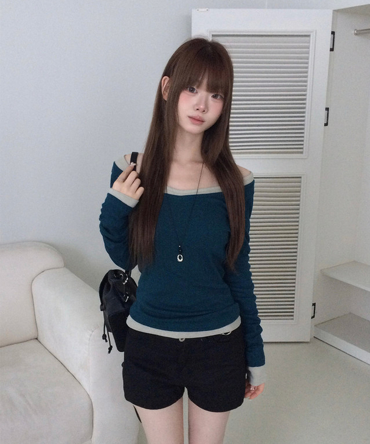 オフショルダーレイヤード長袖Tシャツ(12color) TEAL