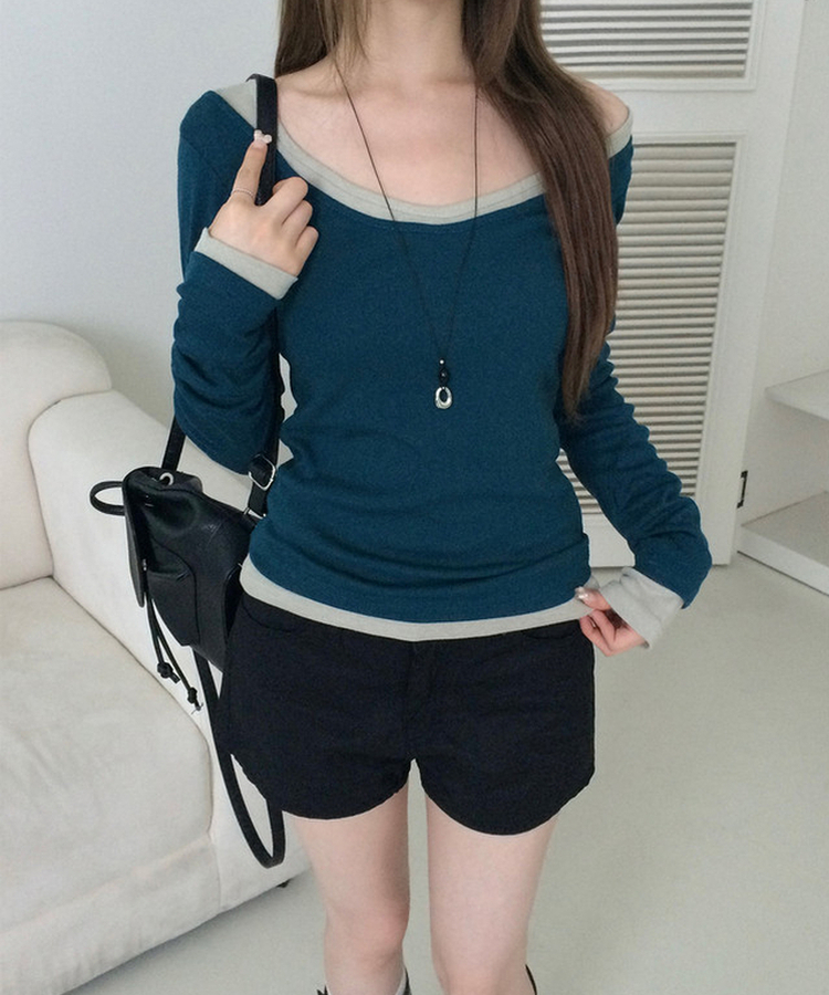 オフショルダーレイヤード長袖Tシャツ(12color) TEAL