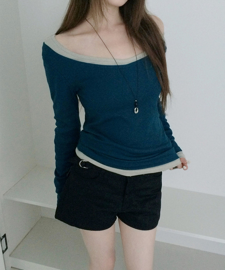 オフショルダーレイヤード長袖Tシャツ(12color) TEAL