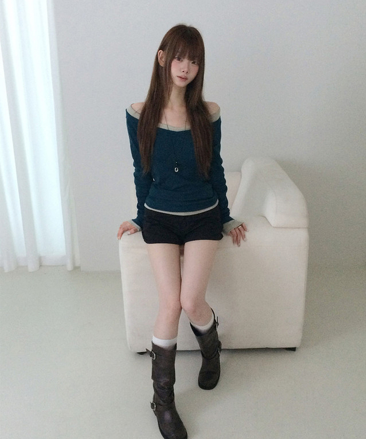 オフショルダーレイヤード長袖Tシャツ(12color) TEAL