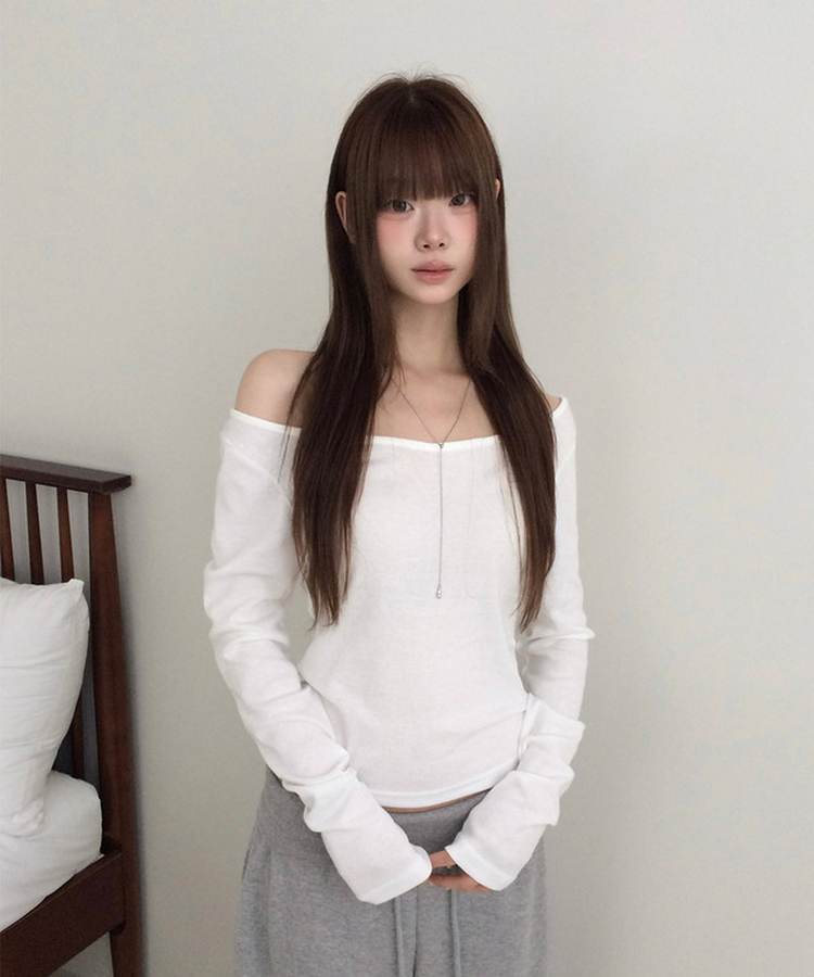 オフショルダーレイヤード長袖Tシャツ(12color) WHITE