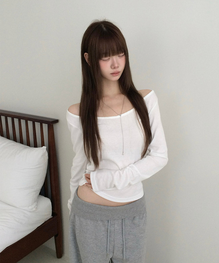 オフショルダーレイヤード長袖Tシャツ(12color) WHITE