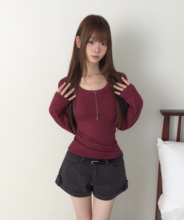 スリムラウンドネック長袖Tシャツ(6color) WINE