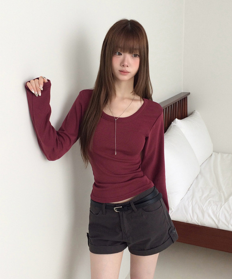 スリムラウンドネック長袖Tシャツ(6color) WINE