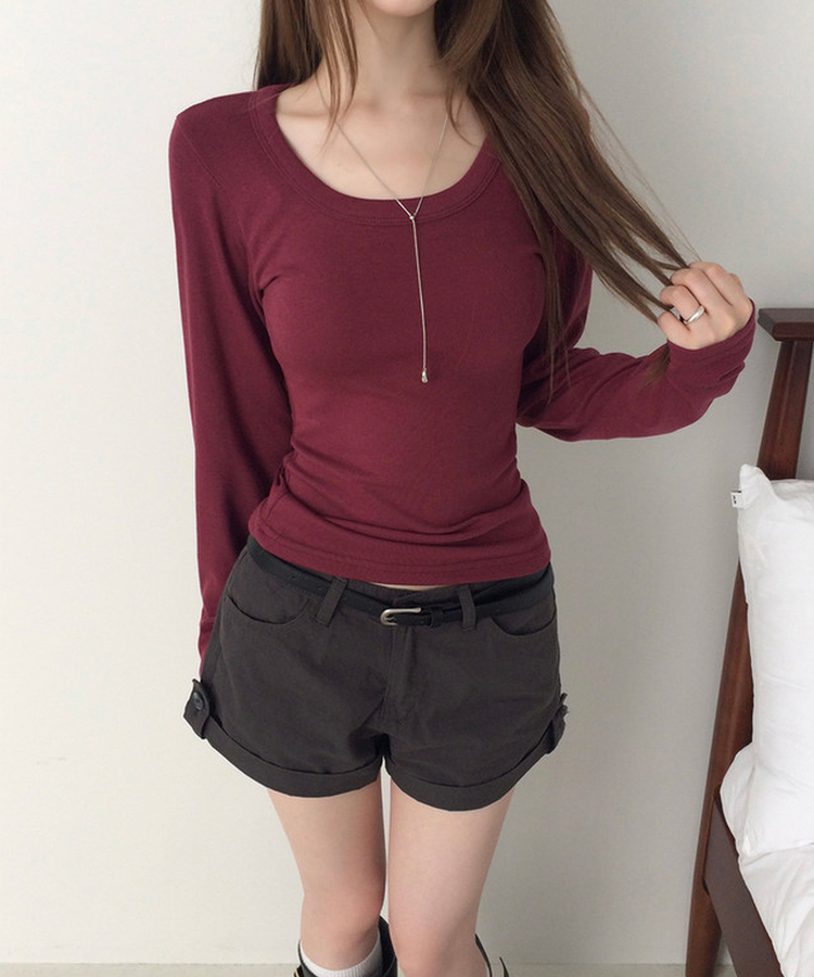 スリムラウンドネック長袖Tシャツ(6color) WINE