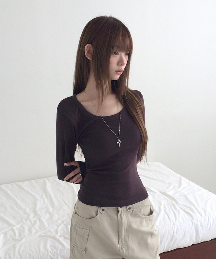 スリムラウンドネック長袖Tシャツ(6color) BROWN