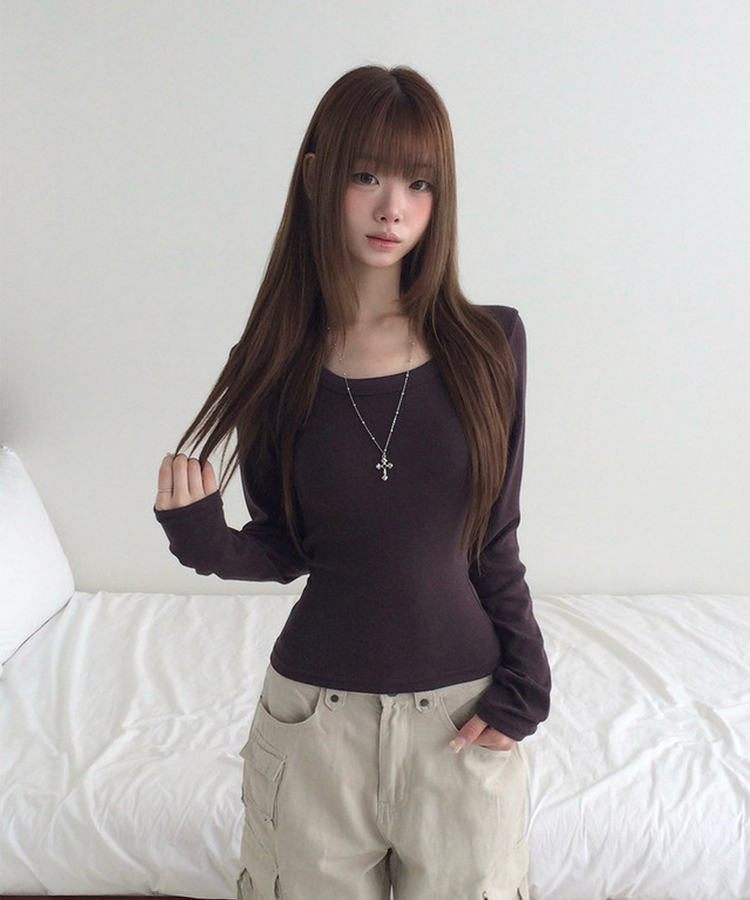 スリムラウンドネック長袖Tシャツ(6color) BROWN