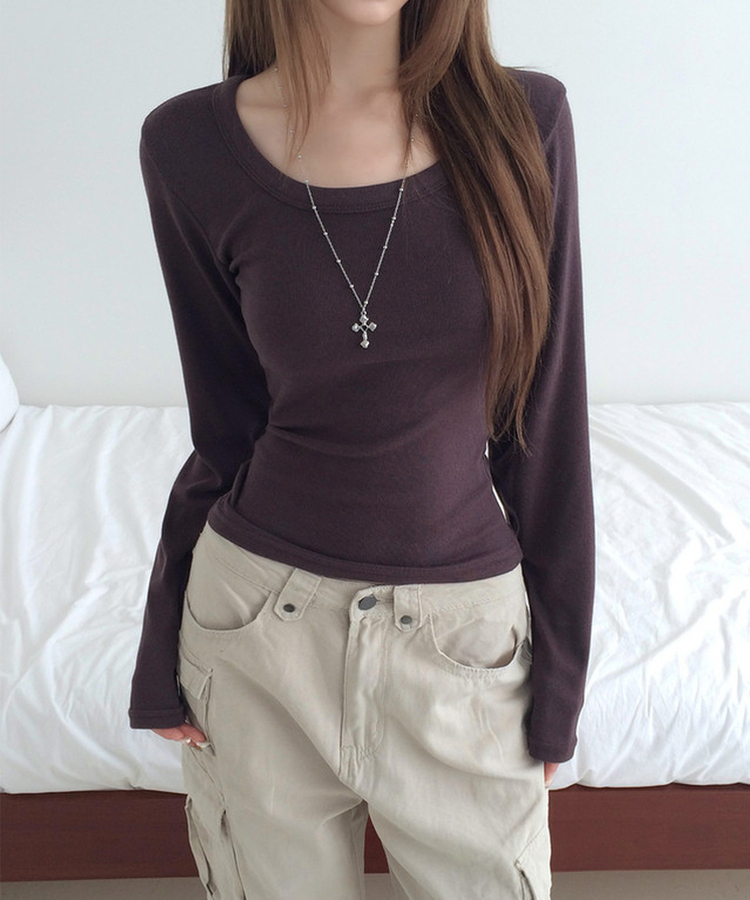 スリムラウンドネック長袖Tシャツ(6color) BROWN