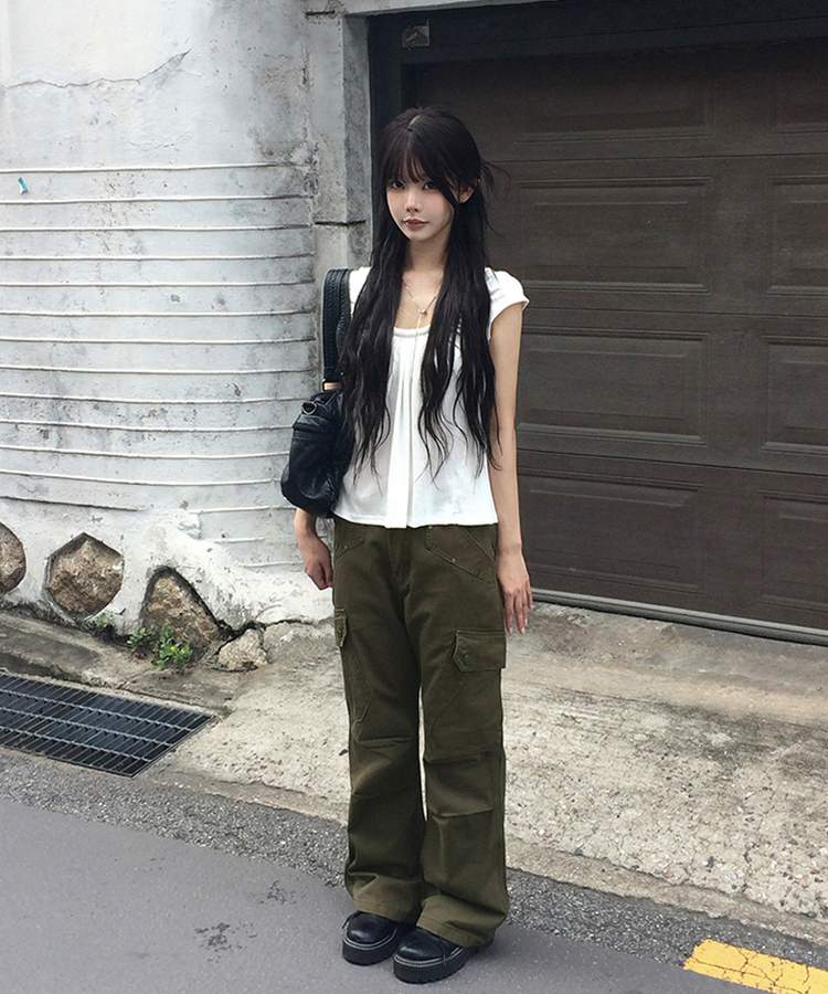 スタッズカーゴポケットブーツカットパンツ KHAKI