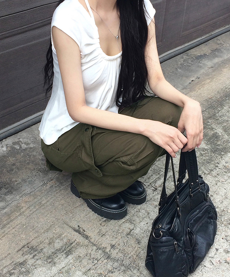 スタッズカーゴポケットブーツカットパンツ KHAKI