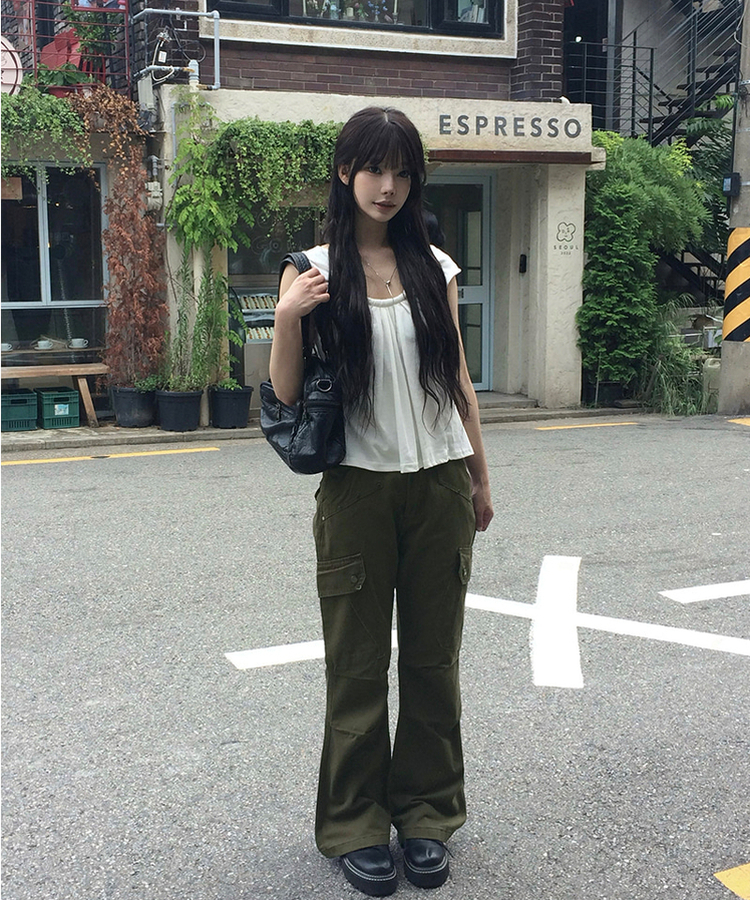 スタッズカーゴポケットブーツカットパンツ KHAKI