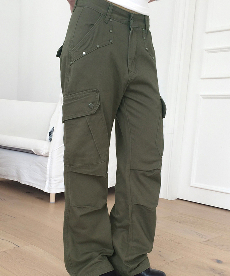 スタッズカーゴポケットブーツカットパンツ KHAKI