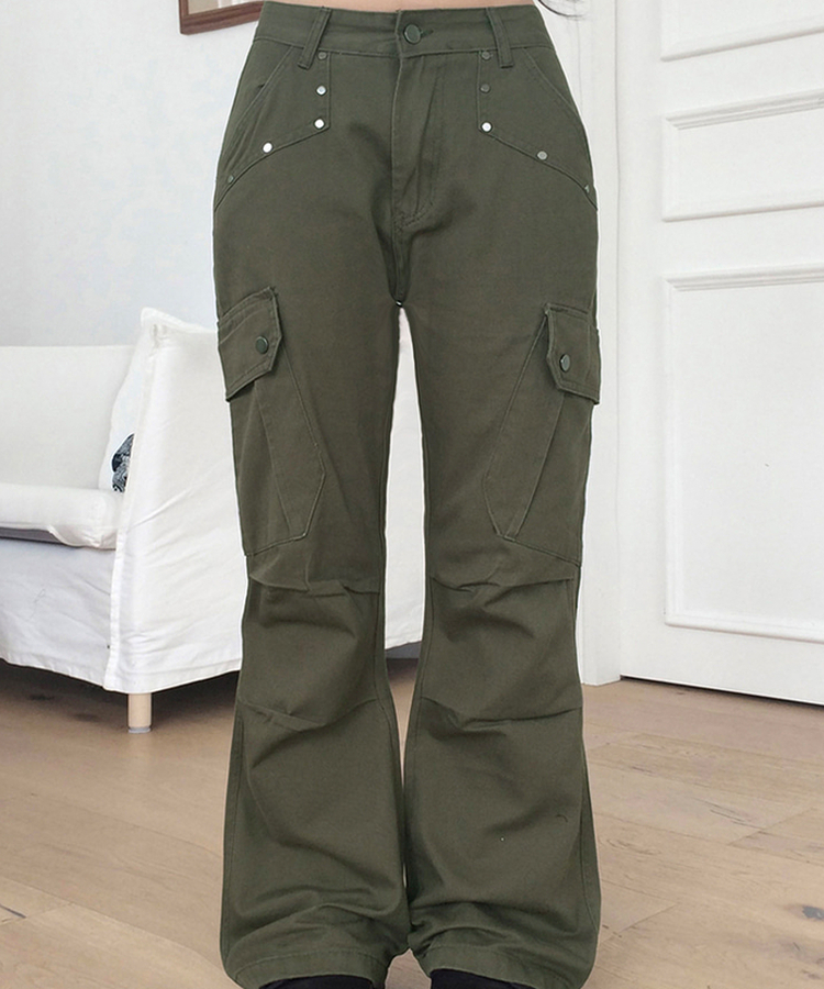 スタッズカーゴポケットブーツカットパンツ KHAKI