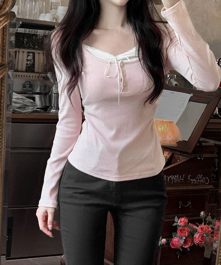 シャーリングボタンTシャツ PINK
