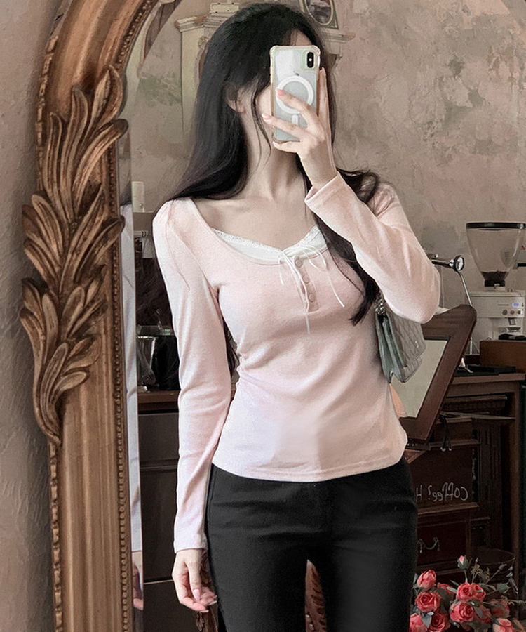シャーリングボタンTシャツ PINK