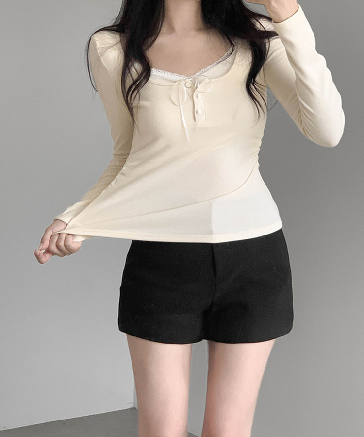 シャーリングボタンTシャツ BEIGE
