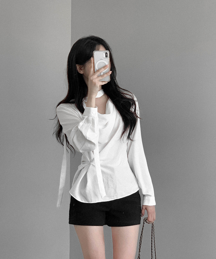【タイ付き】シンプルドレープラップブラウス IVORY