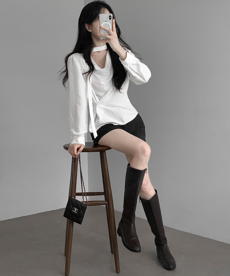 【タイ付き】シンプルドレープラップブラウス IVORY