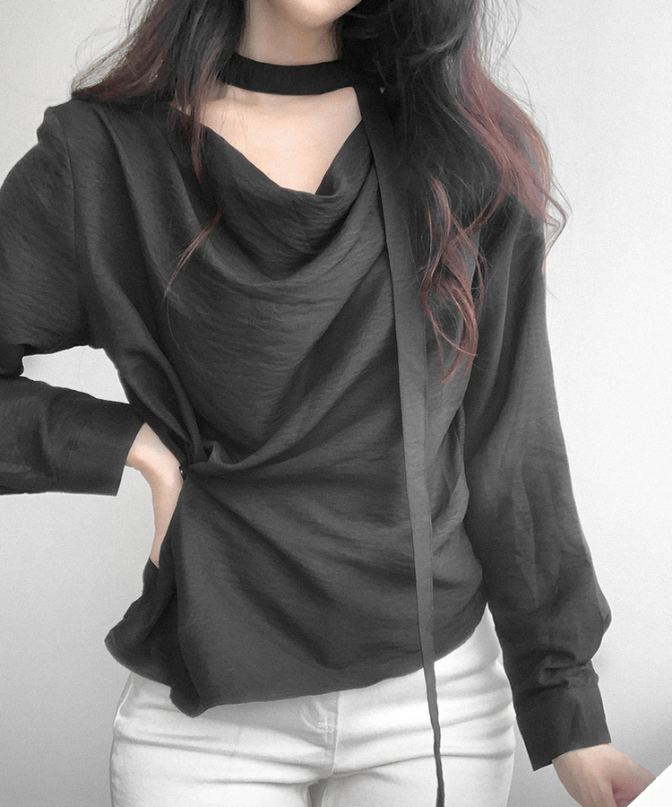 【タイ付き】シンプルドレープラップブラウス BLACK