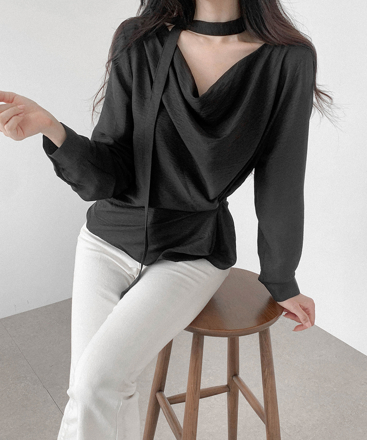 【タイ付き】シンプルドレープラップブラウス BLACK