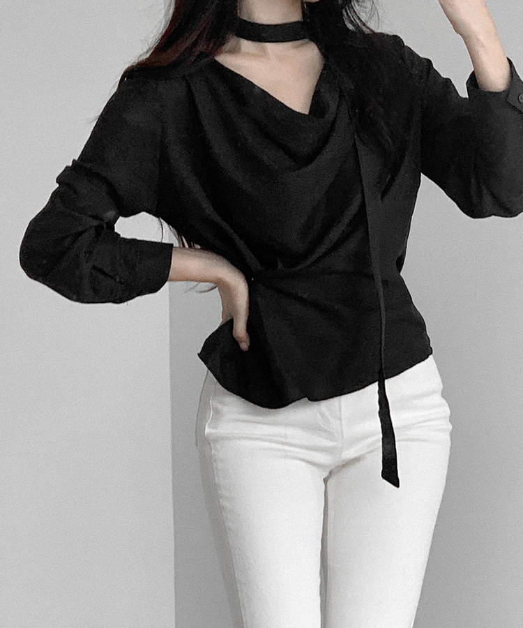 【タイ付き】シンプルドレープラップブラウス BLACK
