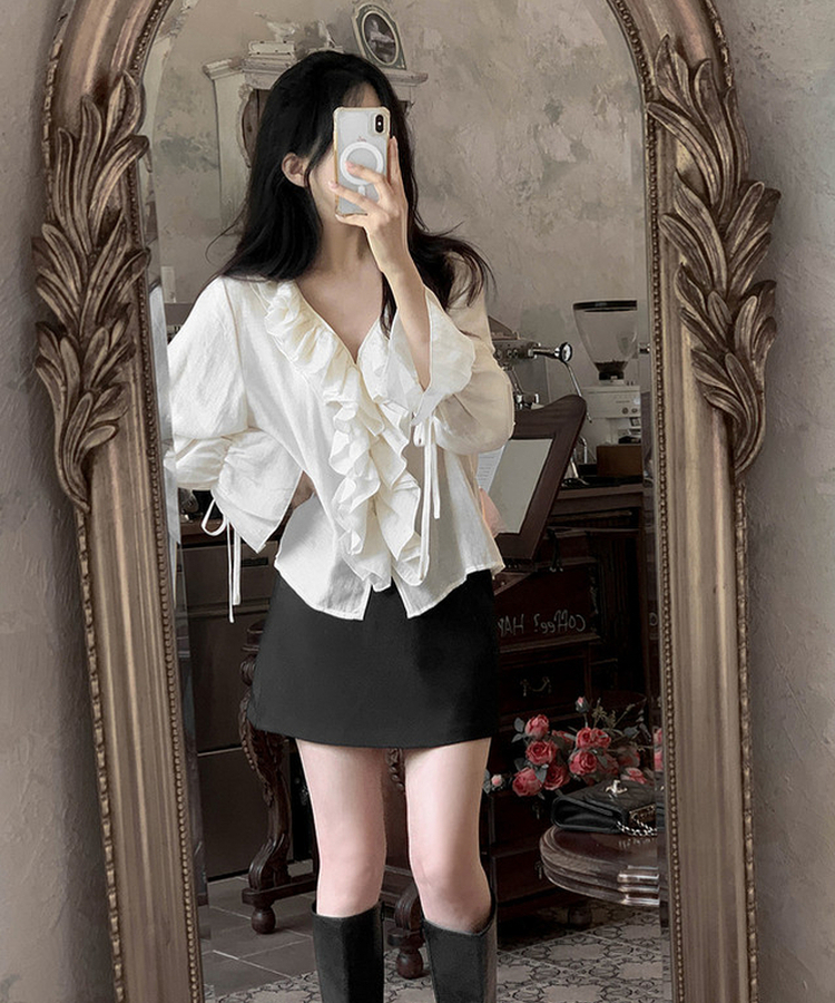 フリル長袖ブラウス IVORY