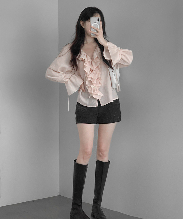 フリル長袖ブラウス PINK