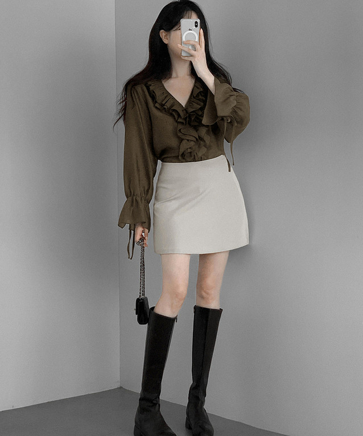 フリル長袖ブラウス BROWN