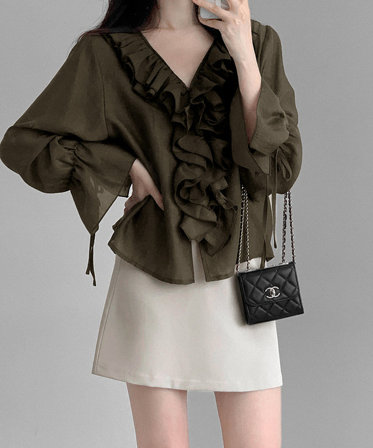 フリル長袖ブラウス BROWN