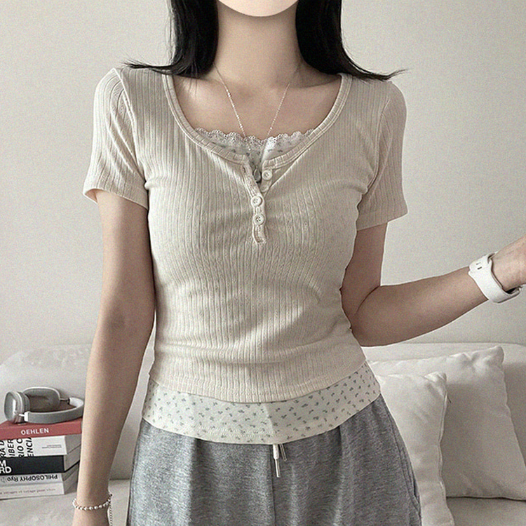 小花柄レイヤードリブ半袖Tシャツ CREAM