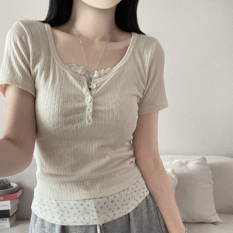 小花柄レイヤードリブ半袖Tシャツ CREAM