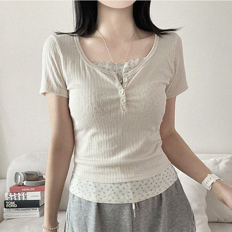 小花柄レイヤードリブ半袖Tシャツ CREAM
